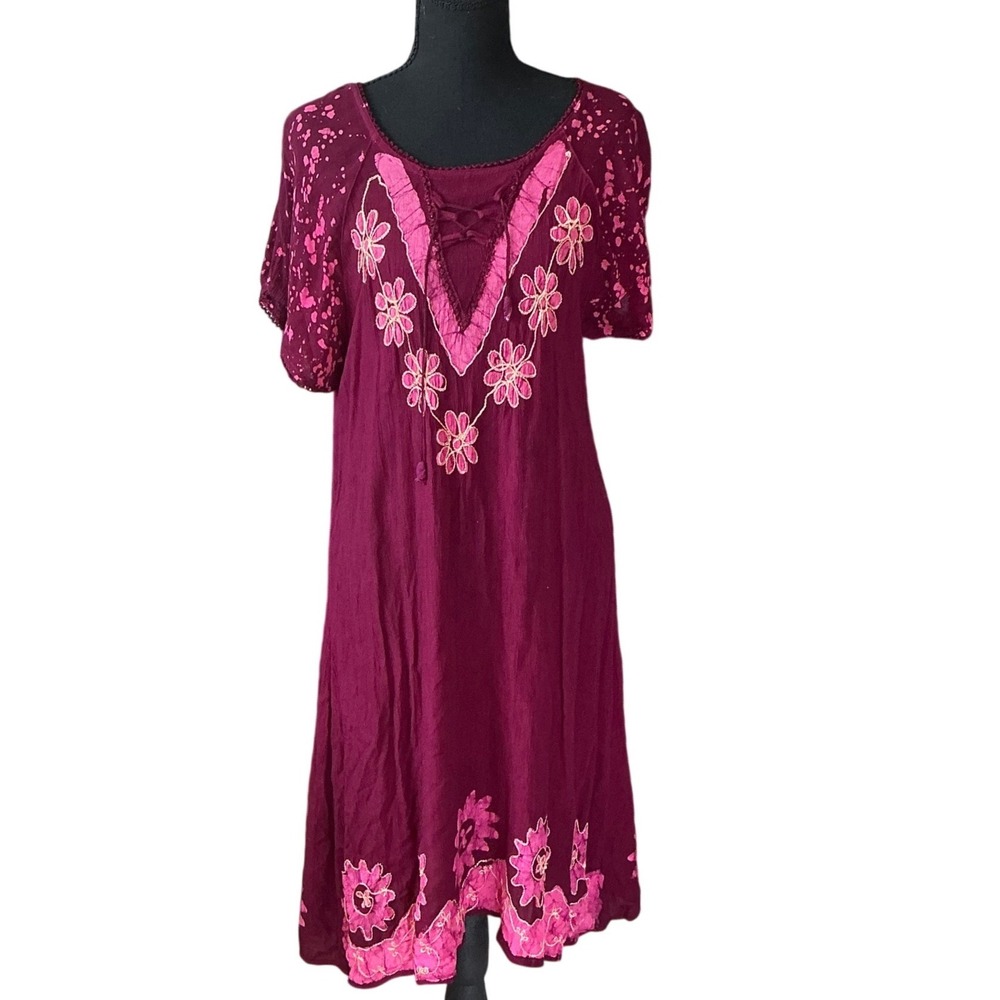 Gypsie Blu‎ Burgundy Floral Embroidered Lace Up Boho Midi Dress Beach Mumu Pnk